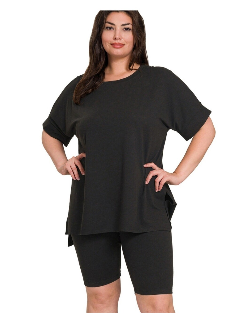 Plus Size Black Short Sleeve Tunic Top And Shorts Set